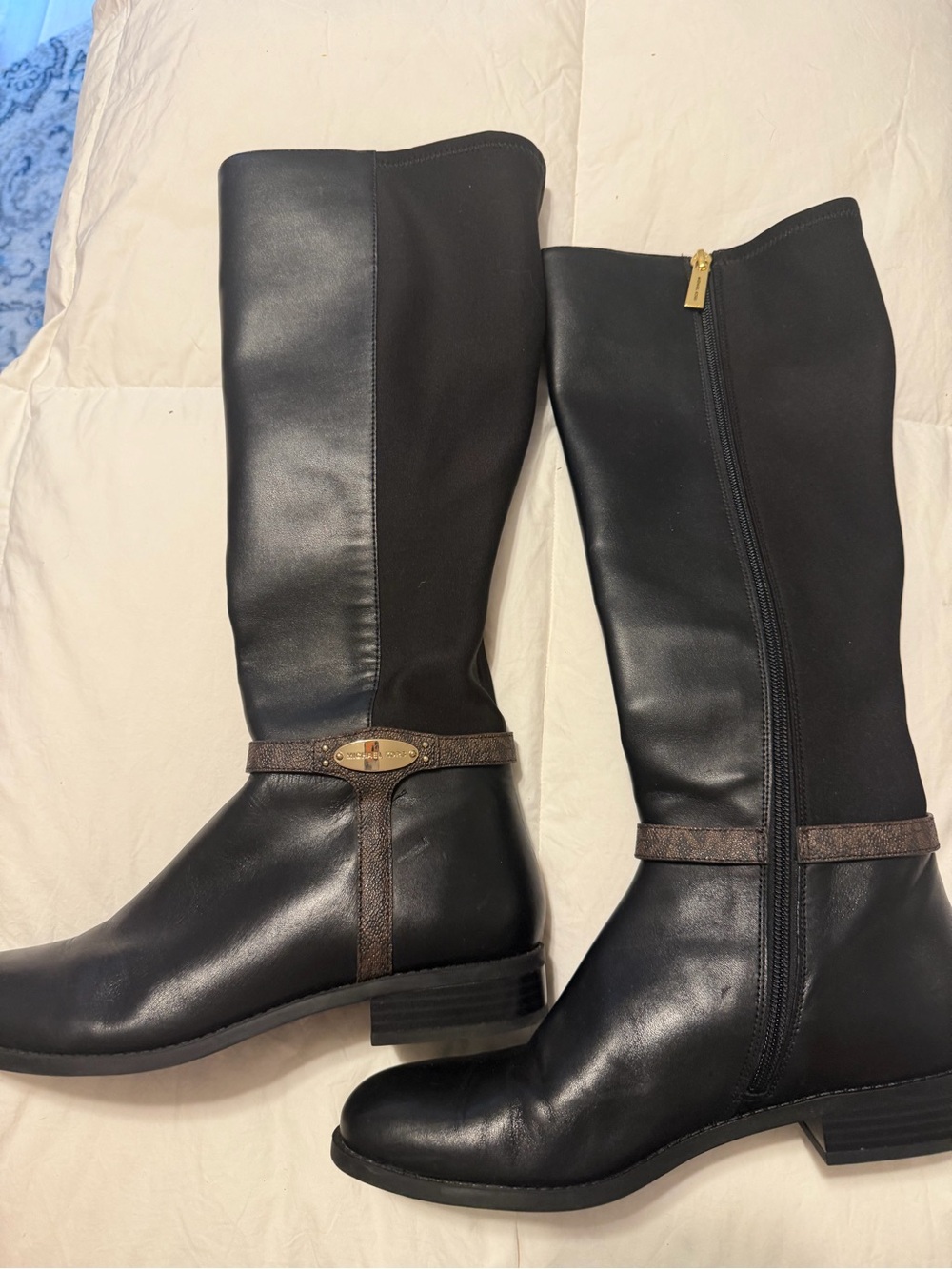 Michael Kors Black Leather Shoulder Boots with Brown Accents - Picture 2 of 6